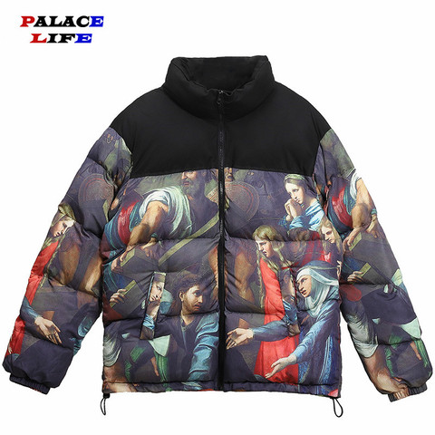 Men Hip Hop Vintage Patchwork Parka Jacket Streetwear Painting Printed Jacket Harajuku Cotton Winter Padded Coat Warm Outwear ► Photo 1/6