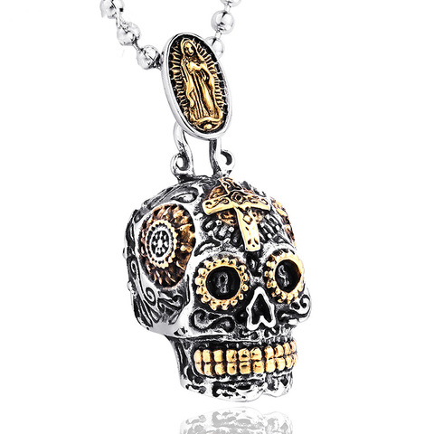 Mexican Large Sugar Skull Green Crystal Pendant Necklace Vintage Gold Silver Color Punk Biker Necklaces for Women Men Jewelry ► Photo 1/6