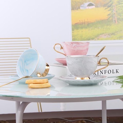 Golden Line Tea Cup with Saucer Sets 250ml Vintage Bone China Marble Pattern Teacup Home Office Porcelain Coffee Cup Great Gifts ► Photo 1/6