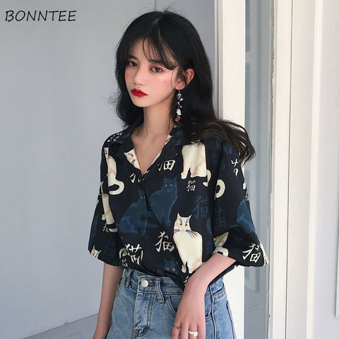 Blouses Women Vintage Cat Printed Korean Basic Loose Chic Design Ladies Shirts Daily College Street All-match Womens Blouse Top ► Photo 1/6