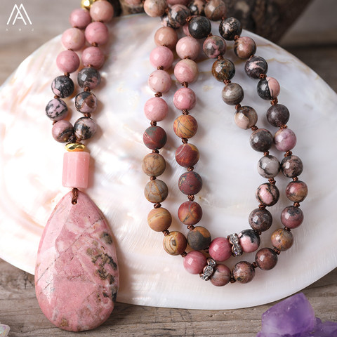 Natural Rhodonite Water Drop Pink Opal Nugget Pendant 8mm Picasso Jaspers 108 Prayer Beads Knot Handmade Necklace Mala Jewelry ► Photo 1/5