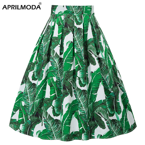 Leaf Green Retro Floral Print Vintage Pleated Skirts Womens 2022 50s 60s 40s High Waist Plus Size Midi Cotton Summer Swing Skirt ► Photo 1/6