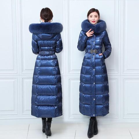 Winter Over The Knee Long Waterproof Duck Down Coats Female Thicker Warm Shiny Glossy Fur Coats Real Fox Fur Hooded Parkas F2246 ► Photo 1/6