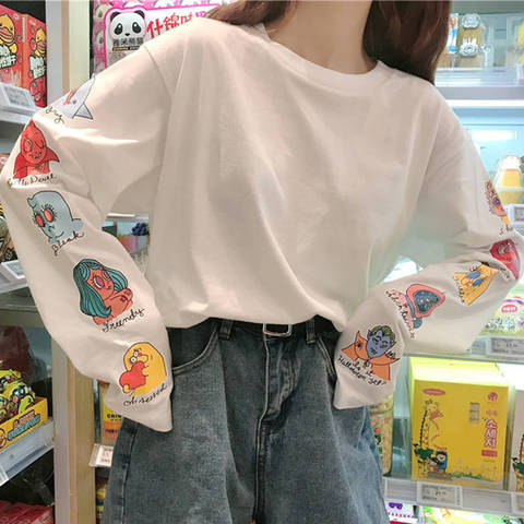 Korean Ulzzang Loose Cute Letter Print T-shirt Cartoon Women Casual Long Sleeve T Shirt Female Kawaii Pullovers Tshirt Tops Tee ► Photo 1/6