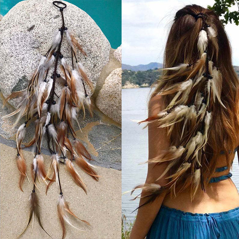 Haimeikang Bohemian Feather Headband Scrunchies Elastic Hair Bands Women Girl Weaving Hair Accessories Hair Rope Gum Rubber Band ► Photo 1/6