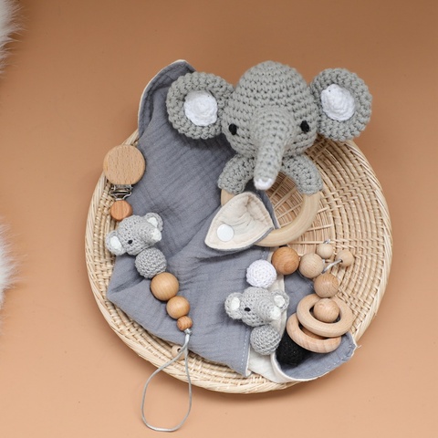 Wholesale Crochet Elephant Series Bib And Baby Rattle Teethers Set Wodden Bracelet & Cotton Bib Pacifier Clips For Kids Toys ► Photo 1/6