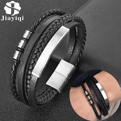 Fashion Stainless Steel Charm Men Bracelet Magnetic Clasp Braided Mutilayer Leather Wrapping Punk Rock Bangles Man Jewelry Gift ► Photo 1/6
