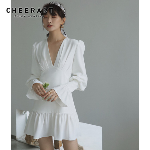 CHEERART White Deep V Neck Tunic Flare Sleeve Ladies Dress Long Sleeve Ruffle Korean Style Mini Dress Women Clothing ► Photo 1/1