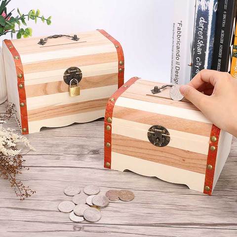 Hot Selling Treasure Chest With Lock Piggy Bank Coin Safe Box Large Wooden  Variety Of Optional 250*154*180MM ► Photo 1/6