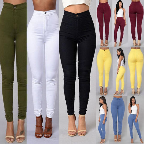 Thin High Waist Stretch Women Pencil Pants Tight Candy-colored Jeans Full Length Skinny White Black Blue Yellow Solid Color Jean ► Photo 1/6