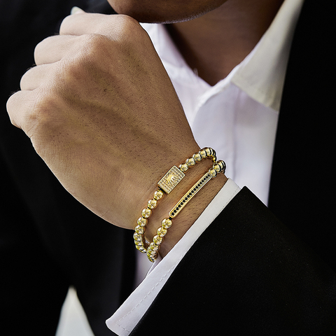 2 Pcs /set Crown Charm Long Tube Men Bracelet Pave CZ Braided Macrame Gold Color Bead Bracelet For Men Jewelry Gift ► Photo 1/6