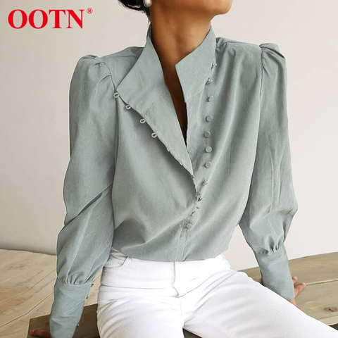 OOTN Elegant Turtleneck Blouse Long Sleeve White Shirt Office Ladies Top Casual Solid Single-Breasted Puff Sleeve Womens Blouses ► Photo 1/6