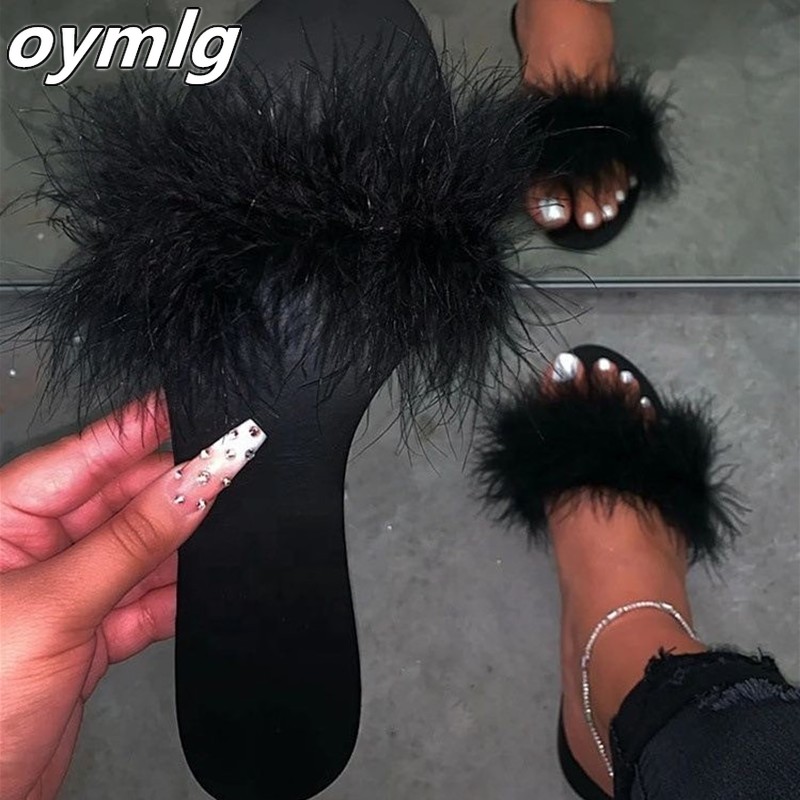 FAYUEKEY Real Fur Slippers for Women Summer Autumn Fluffy Furry