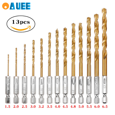 13pcs hexagonal handle titanium plated twist drill  HSS High Speed Steel Titanium Coated Drill Bit 1/4 Hex Shank 1.5-6.5mm Tools ► Photo 1/6