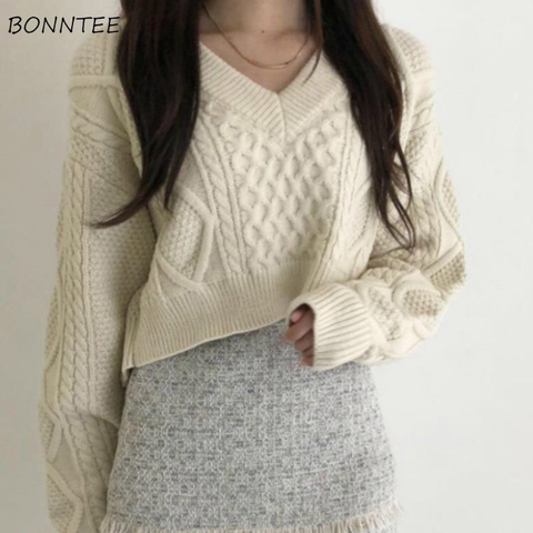 Crop Pullovers Women Harajuku Lace Up Sexy V-Neck Simple White Preppy Girls Sweaters Jumpers Elegant Knit Batwing Sleeve Spring ► Photo 1/6