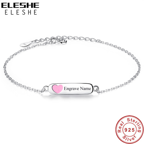 ELESHE Personalized Engrave Name Jewelry 925 Sterling Silver Chain Bracelet with Pink Enamel Heart Bracelets for Girls Kids Gift ► Photo 1/6