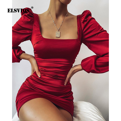 Sexy Slim Square Collar Mini Dress Zipper Shirring Folds Long Sleeve Buttocks Dress Autumn Women New Elegant Solid Party Dresses ► Photo 1/6