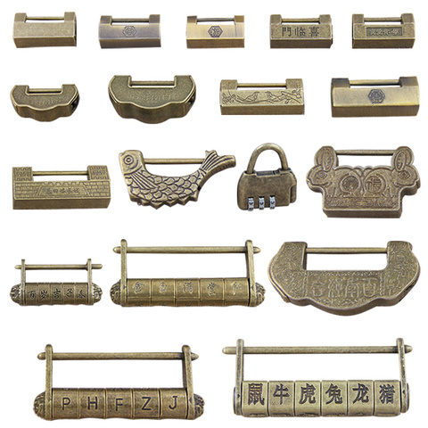 Antique lock chinese Retro Vintage Gold bronze keyed padlock Password combination locking for door wooden Jewelry box luggage ► Photo 1/6