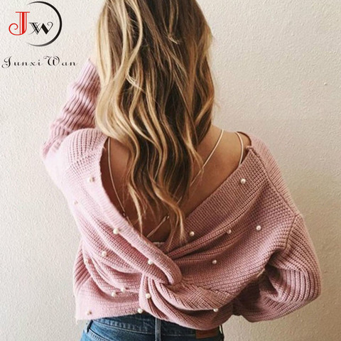 2022 Women Back Criss Cross Beading Knitted Sweater Autumn Winter Elegant OL Warm Pullovers Fashion Solid Jumper Knitwear Pull ► Photo 1/6