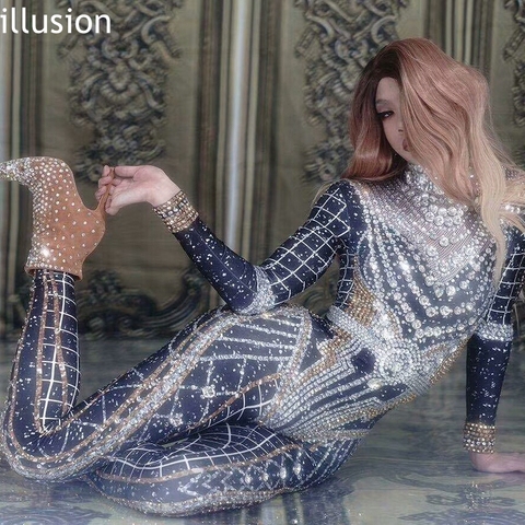 Sparkly Rhinestone Crystal Jumpsuit Women Long Sleeve Spandex Nightclub Bar Prom Party Outfit  Singer Jazz Dance Stage Costume ► Photo 1/6