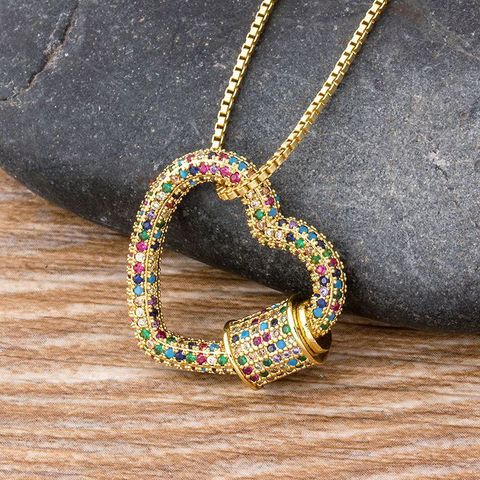 Classic Rainbow CZ Micro Pave Lock Carabiner Pave Lock Heart Shaped Copper Zirconia Clasp Necklace Jewelry Gift For Women Men ► Photo 1/6