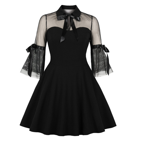 Rosetic Women Gothic Sexy Mini Dress Black Mesh Patchwork See-Through Flare Sleeve Draped Elegant Plus Size Party Short Dresses ► Photo 1/6