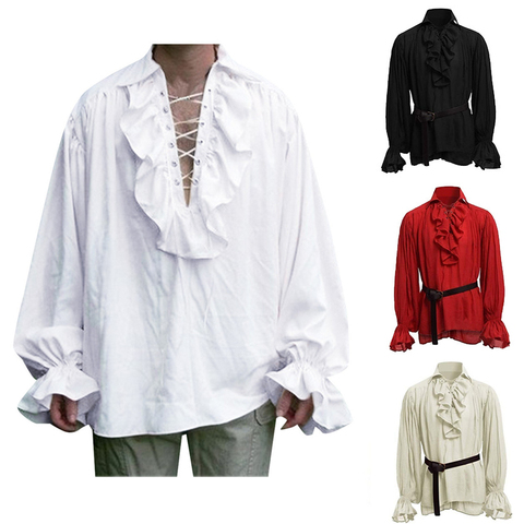 Medieval Renaissance Lacing Up Shirt Bandage Tops For Adut Men Larp Vintage Costume Fluffy Long Sleeve For Male Plus Size S-5XL ► Photo 1/6