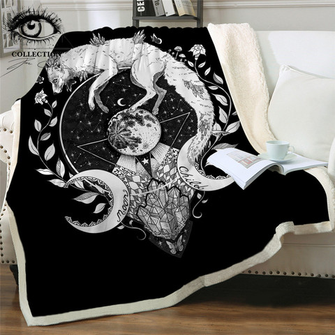 Moon Child by Pixie Cold Art Bed Blankets Wolf Galaxy Plush Bedspread Fox Soft Throw Blanket Planet Black Linen Blanket for Sofa ► Photo 1/6