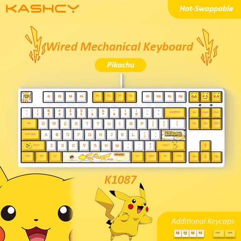 KASHCY K1087 Yellow Pika Wired Mechanical Gaming Keyboard Swappable Switch with 87 Keys PBT Dye Sublimation Keycaps Type-C Port ► Photo 1/6