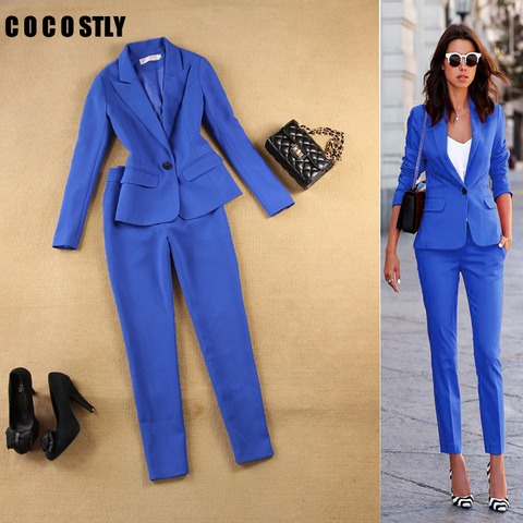Pant Suits Set women's autumn female professional office lady blazer Slim blue suit jacket+ pants feet pants two sets ► Photo 1/6