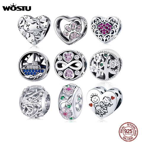 WOSTU Real 925 Sterling Silver Heart Beads Flower Retro Patterns Charms Pendant Fit Original Bracelet Silver 925 Jewelry CQC1323 ► Photo 1/6