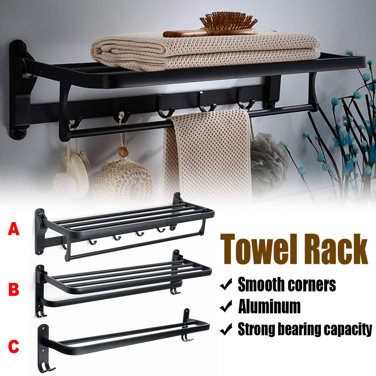 Bathroom Black Alumimum Foldable Towel Rack Holder Towel Shelf Wall Mounted 