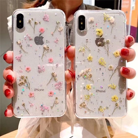 Real Dry Flower Glitter Clear Case For iphone 8 7 plus 6 Epoxy Star Transparent Case For iphone X XR 12 11 Pro XS MAX Soft cover ► Photo 1/6