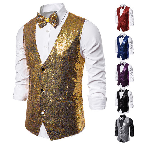 Hot Men Shiny Gold Sequin Glitter Embellished Blazer Waistcoat Night Club Blazer Wedding Party Waistcoat Stage Singers Clothing ► Photo 1/6