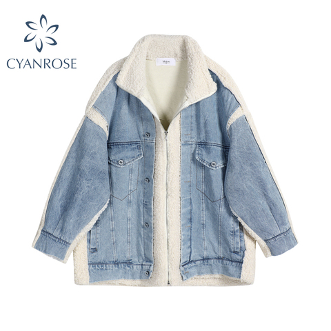 Casual Thick Warm Winter Coat For Women Oversized Autumn Fashion Lamb Wool Patchwork Jean Denim Jackets Snow Basic Female Coat ► Photo 1/6