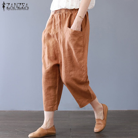 Women's Harem Pants 2022 ZANZEA Vintage Solid Trousers Casual Elastic Waist Long Pantalon Female Linen Palazzo Summer Turnip 5XL ► Photo 1/6