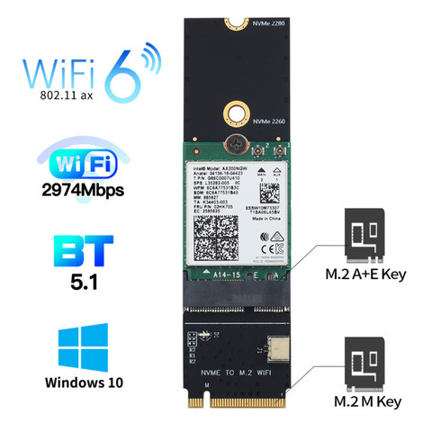 3000Mbps For Intel AX200 Wifi 6 Wireless Card Bluetooth 5.1 M.2 A+E Key To M.2 M Key NVMe SSD Port Network Wlan Wifi Adapter ► Photo 1/6