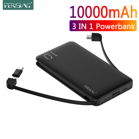 FERISING With Cable Power Bank 10000mAh USB Portable Charger PowerBank External Battery Charging Pack For iPhone Samsung Xiaomi ► Photo 1/6