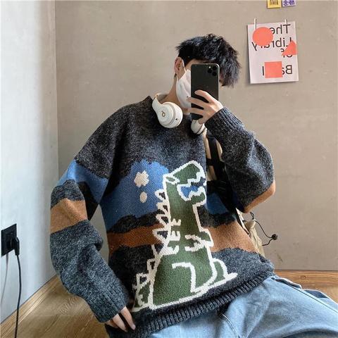 Sweater Men Streetwear Retro Flame Pattern Hip Hop Autumn New Pull Over Spandex O-neck Oversize Couple Casual Men's Sweaters ► Photo 1/6