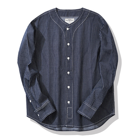 Autumn 2022 Okonkwo Japanese Baseball Collar Denim Shirt Outdoor Camping Climbing Trekking Cycling Men's Stripe Long Sleeve Tops ► Photo 1/6