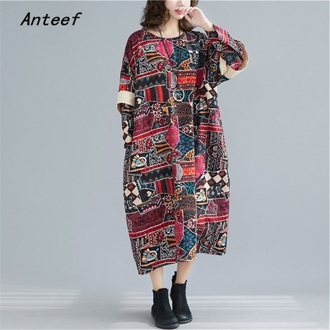 Anteef fashion cotton linen vintage stripe plus size women casual loose long summer dress elegant vestido clothes 2022 dresses ► Photo 1/6