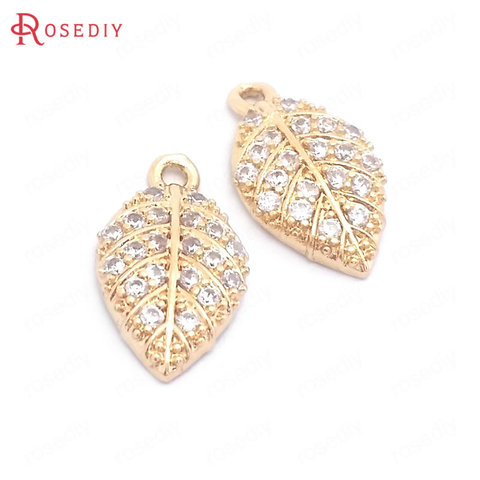 (39576)6PCS 8x14MM 24K Gold Color Brass and Zircon Tree Leaf Leaves Charms Pendants Jewelry Making Supplies Diy Accessories ► Photo 1/6