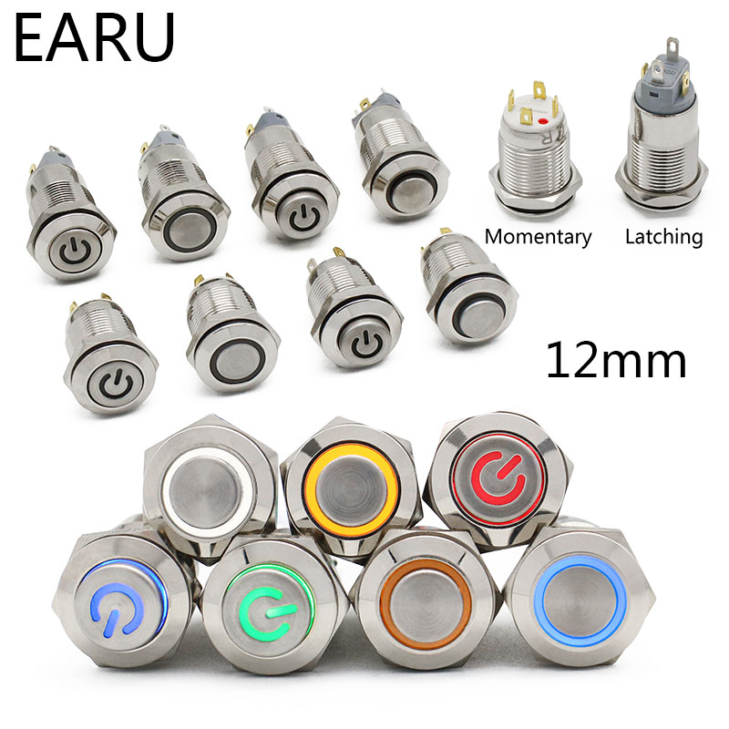 LED Waterproof Power Button 24V 22mm Flat Momentary PC Push Button Switch 