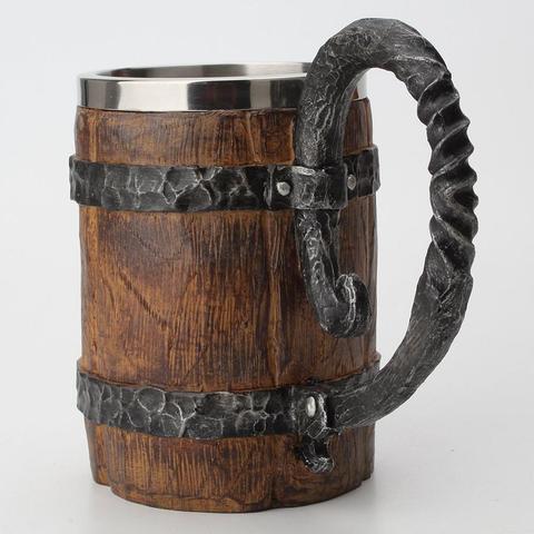 550ML Viking Drinking Mug Wood Style Beer Mugs Simulation Wooden Barrel Coffee Cup Double Layer Water Mug Metal Handle ► Photo 1/6