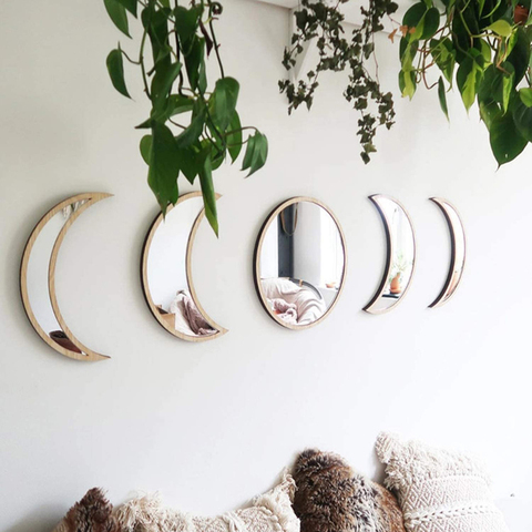 5Pcs/Set Wooden Acrylic Decorative Mirrors Moon Moon Cycle Variation Decorative Wall Mirror Creative Bohemian Mirror ► Photo 1/6