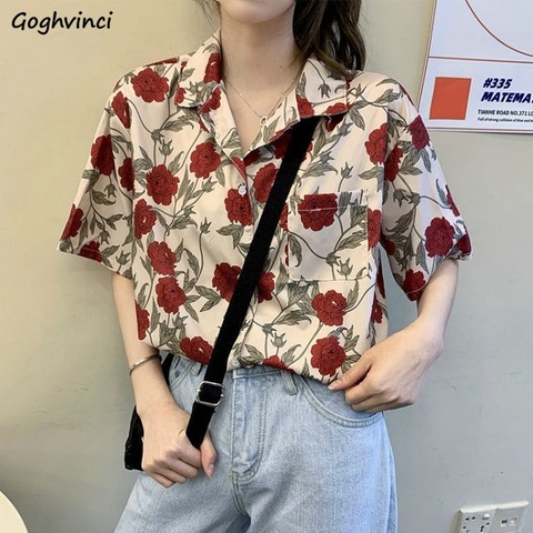 Blouses Women Shirts Short Sleeve Summer Sum-proof Harajuku Rose Print Vintage Retro Korean Style Loose Teens Streetwear Chic ► Photo 1/6