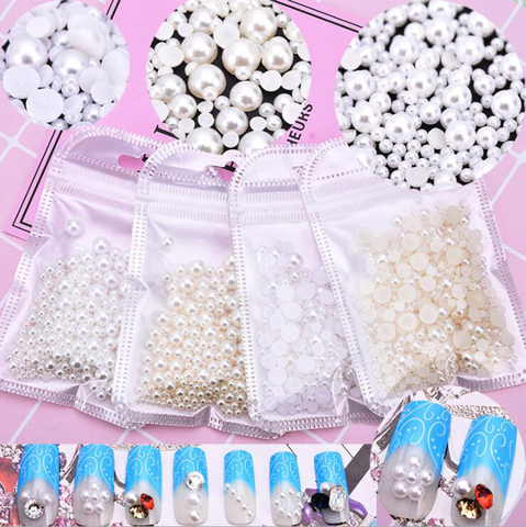 Half/ Round Pearl Rhinestone Nail Decoration Beige 350-1200pcs/bag 2-7mm Mixed Size Shiny White DIY Resin Half Round Pearl, KLO2 ► Photo 1/6