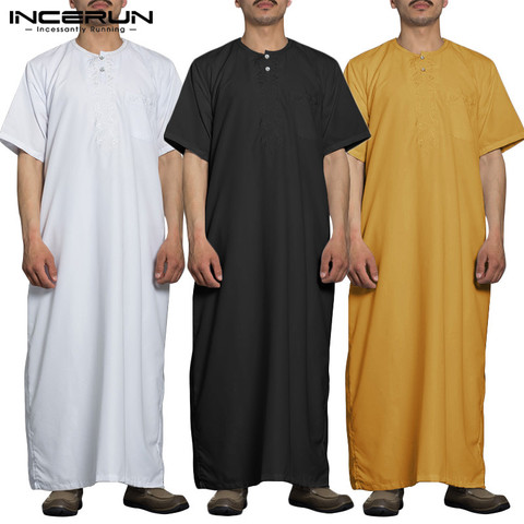 INCERUN Men Fashion Long Robes Short Sleeve Round Neck Robe Man Vintage Solid Color Muslim Kaftan Long Shirts Casual Jubba Thobe ► Photo 1/6