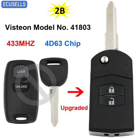 Upgraded 2 Button Folding Flip Remote Car Key Fob 433MHz 4D63 Chip for Mazda 2 3 6 2002 2003 2004 2005 Visteon Model No. 41803 ► Photo 1/6