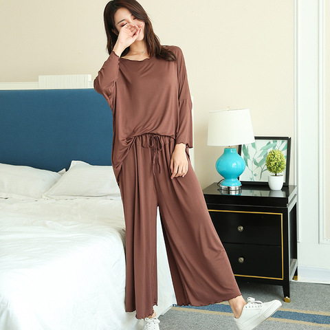 PLUS size home suits women autumn new loose long-sleeved pajamas two-piece set nine-point wide leg pants pijama sleepwear femme ► Photo 1/6